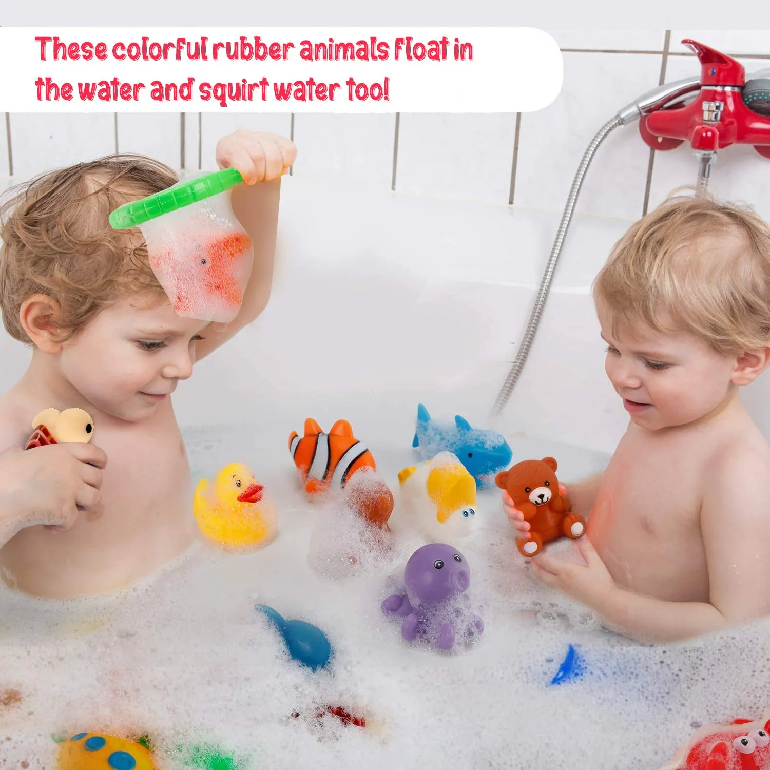 15 PCS Ocean Animals Rubber Bath Toy Water Squirters with Floating Bathtub Squeeze and Play Soft Sea Creatures anf Fishing Net for Baby, Toddlers and Kids