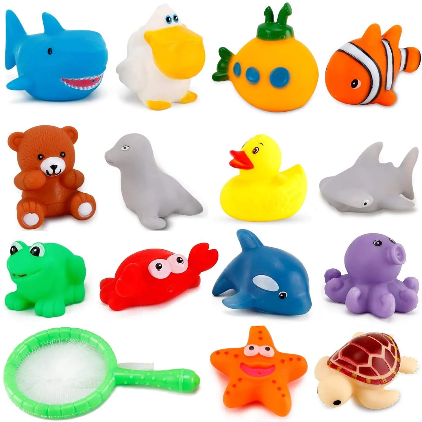 15 PCS Ocean Animals Rubber Bath Toy Water Squirters with Floating Bathtub Squeeze and Play Soft Sea Creatures anf Fishing Net for Baby, Toddlers and Kids