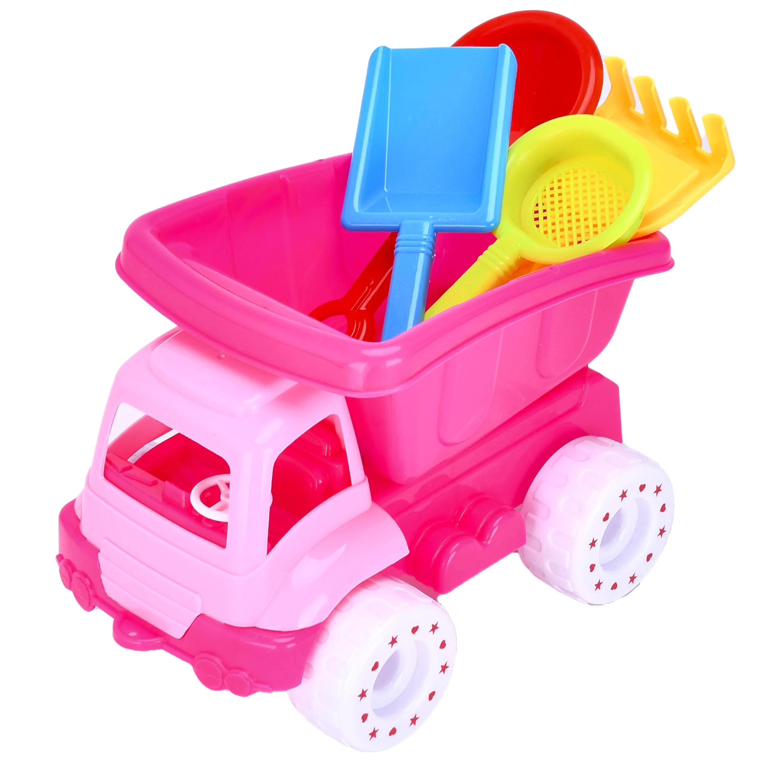 Top Race Beach Dump Truck - Sand Toy Set Of 5 - Kids Dump Truck - 4 Multicolored Shovels And 1 Pink Sand Truck (5.9" H X 8.2" L X 5.7" W) - Ideal For Sandcastles & Outdoor Adventures