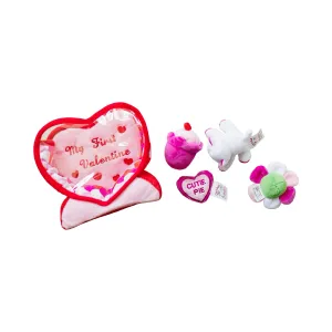 Valentine's Day Plush Fill & Spill Playset & Keepsake Gift  with 4 ct Mini Sensory Toys (Cat, Heart, Flower, Cupcake)