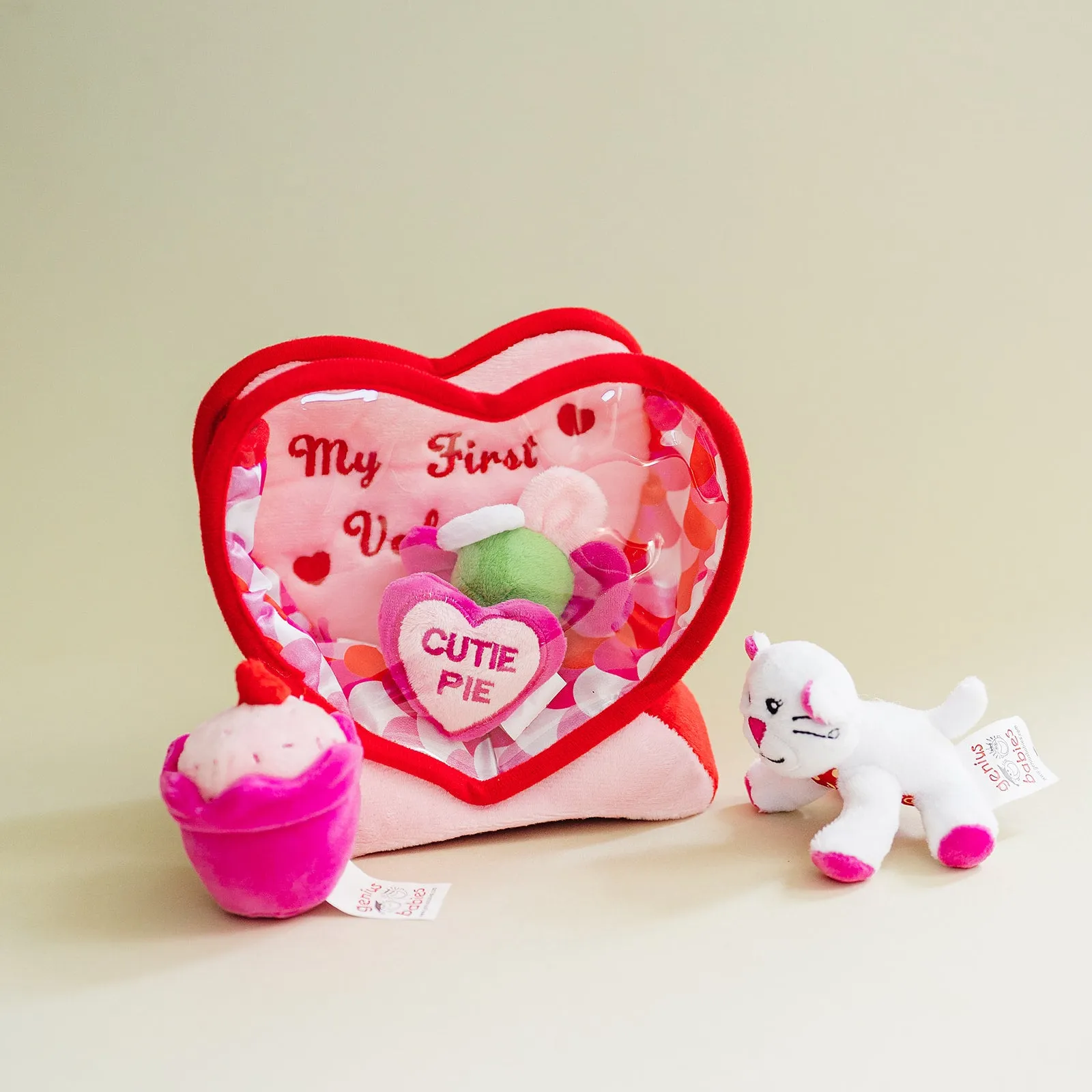 Valentine's Day Plush Fill & Spill Playset & Keepsake Gift  with 4 ct Mini Sensory Toys (Cat, Heart, Flower, Cupcake)